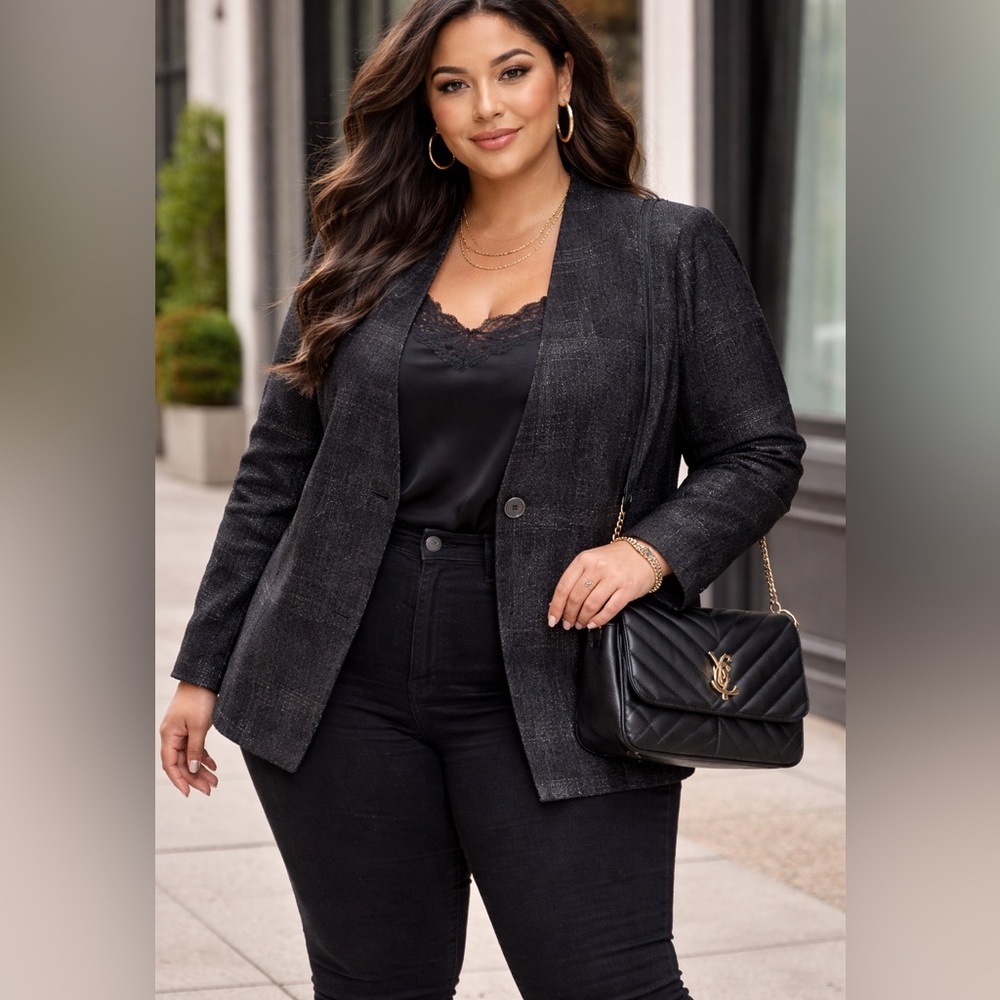 Calvin Klein Collarless Metallic Jaquard Blazer Black Plus Sz 20 Lined NWT